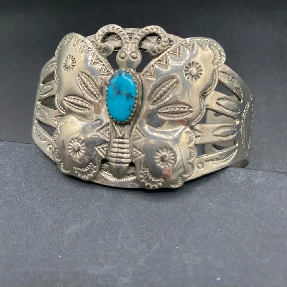 Vintage Southwest Style Silver Butterfly and Turquoise Wide Cuff Bracelet